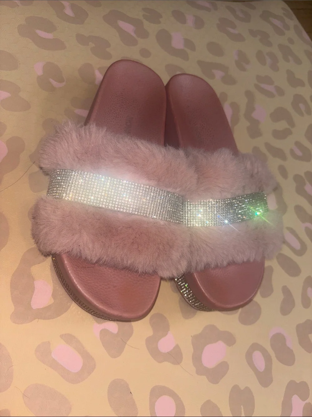 Fashion Nova Dusty Pink Faux Fur Slide Sandals with Rhinestone Band